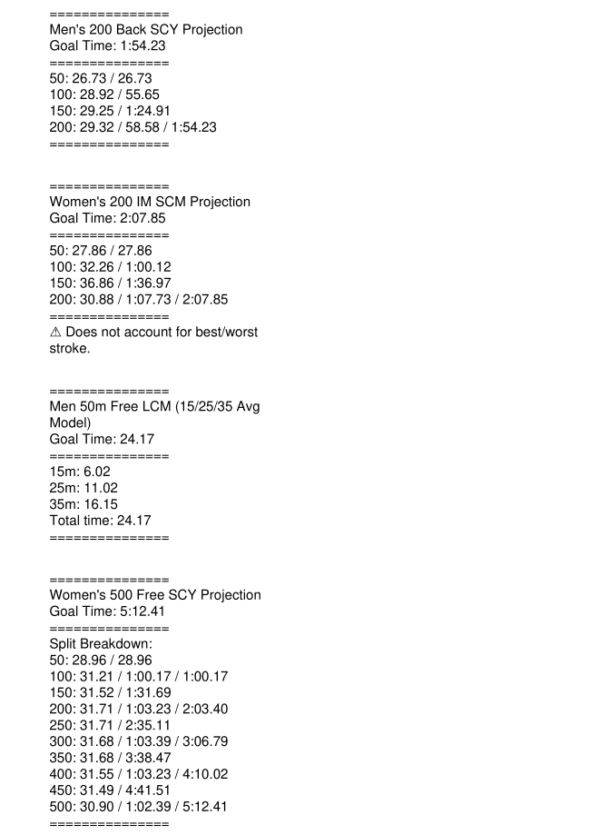 SwimMetrics Export Preview - Multiple Events